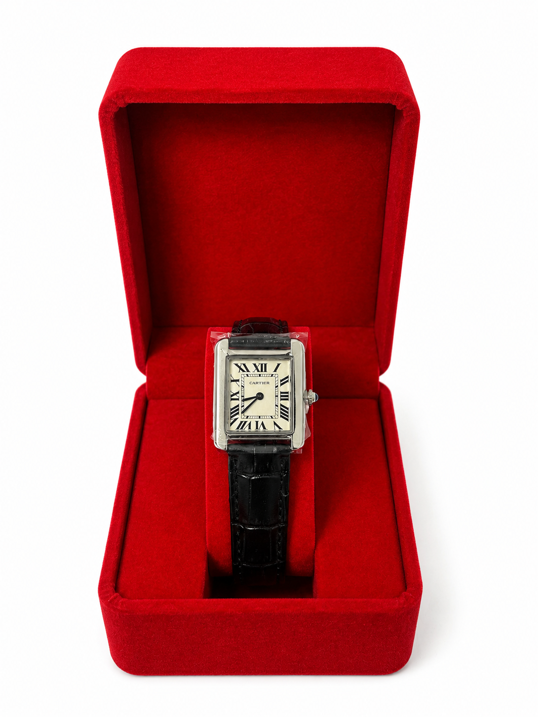 Cartier Femme Rectangulaire Argentée – Bracelet Noir