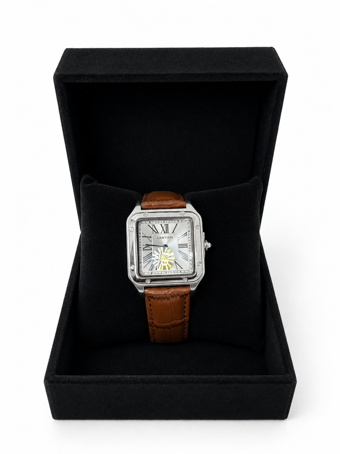 Cartier Santos Homme Argentée – Cadran Blanc et Bracelet Marron