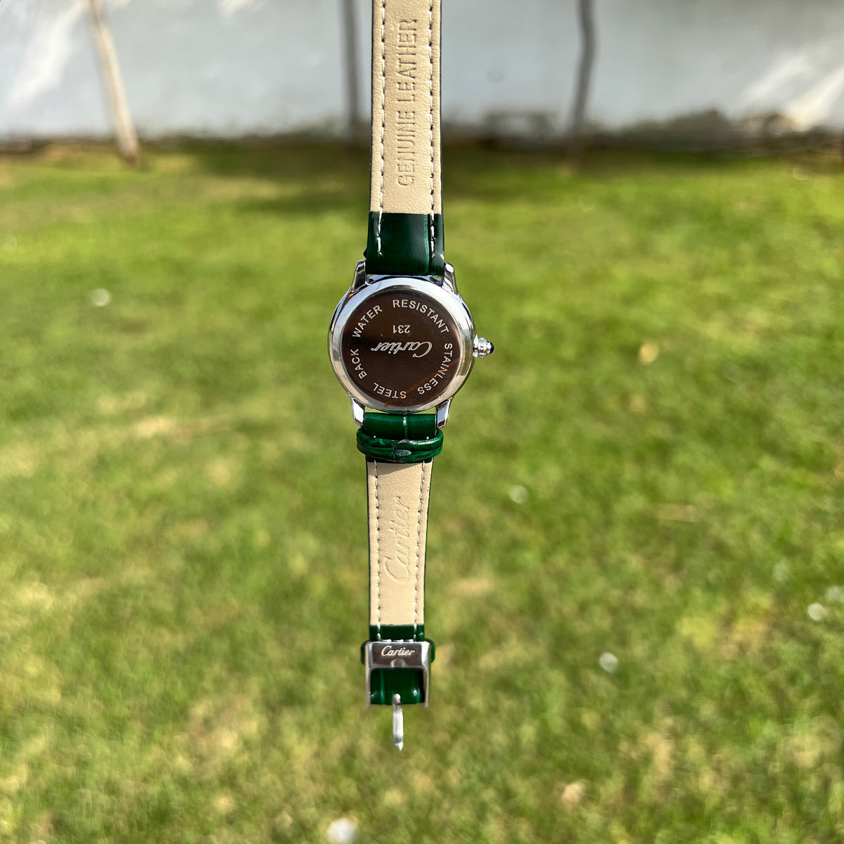 Cartier Femme Argentée – Bracelet Vert et Contour Brillant