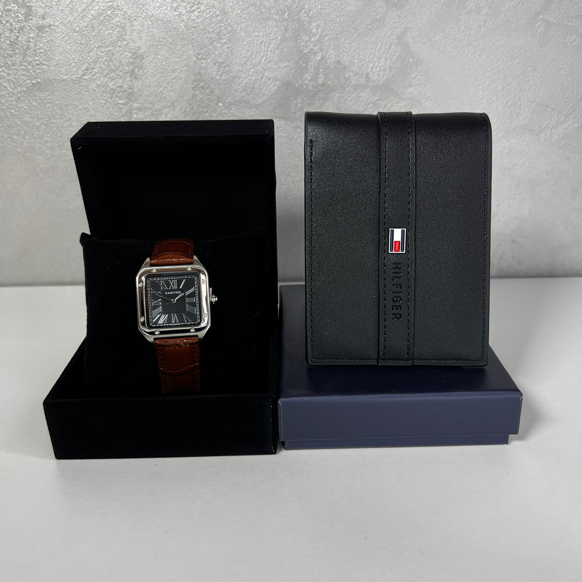 Montre Homme Cadran Noir & Portefeuille Noir – Bracelet Marron