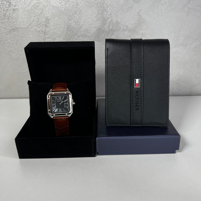 Montre Homme Cadran Noir & Portefeuille Noir – Bracelet Marron