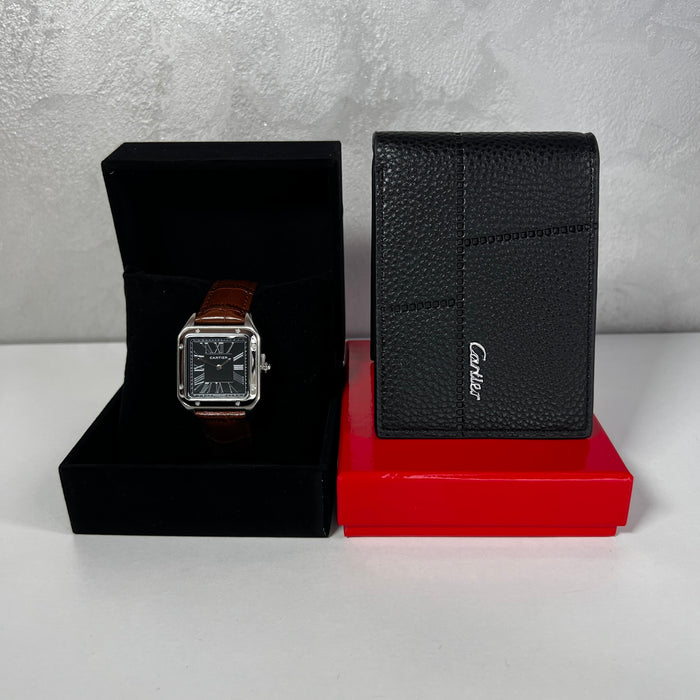 Montre Homme & Portefeuille Noir – Bracelet Marron