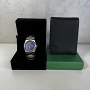 Montre Homme Cadran Bleu & Portefeuille Noir – Style Élégant