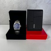 Montre Homme Cadran Bleu & Portefeuille Noir – Élégance Masculine
