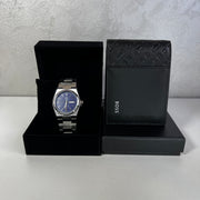 Montre Homme Cadran Bleu & Portefeuille Noir – Style Moderne