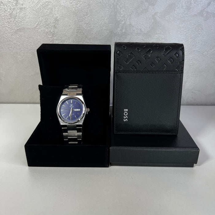 Montre Homme Cadran Bleu & Portefeuille Noir – Style Moderne
