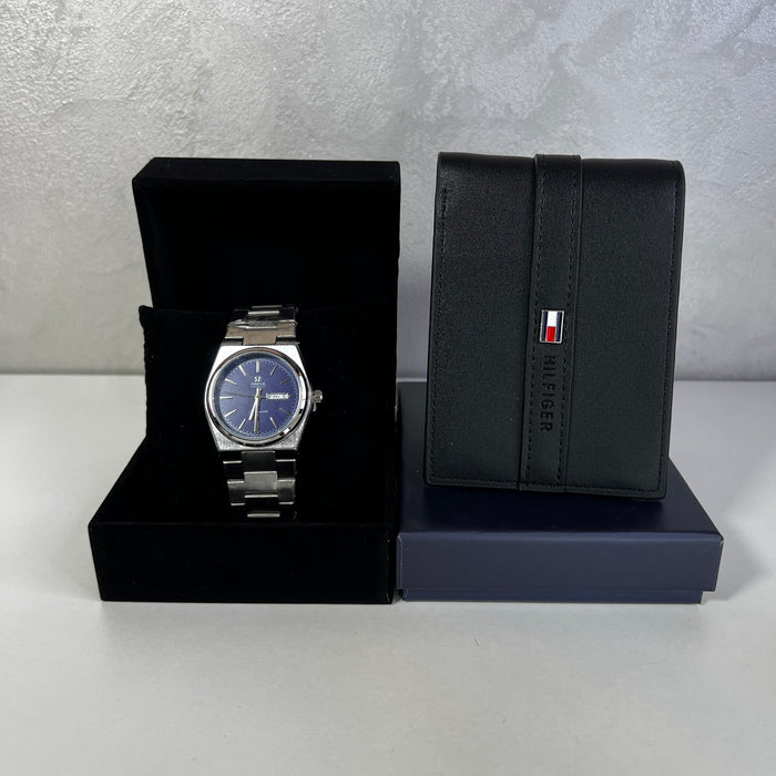 Montre Homme Cadran Bleu & Portefeuille Noir – Style Moderne