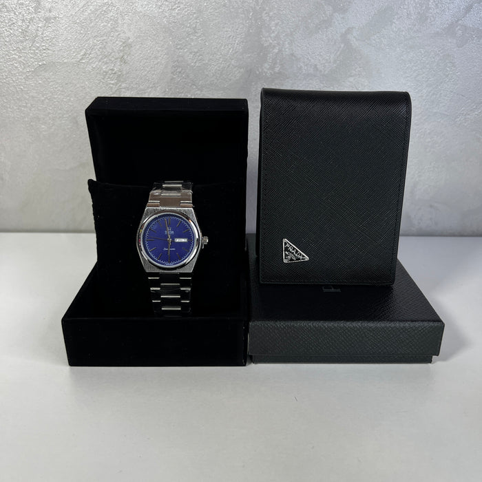 Montre Homme Cadran Bleu & Portefeuille Noir – Style Élégant