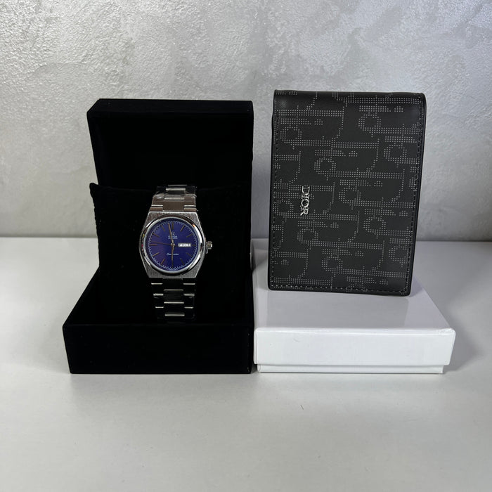 Montre Homme Cadran Bleu & Portefeuille Noir – Style Moderne